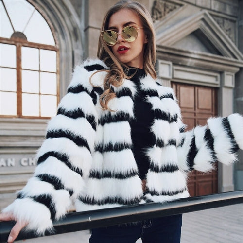 Super Chic Black & White Striped Fur Coat