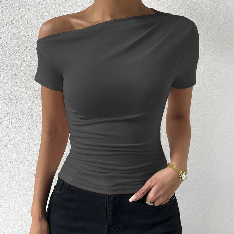 Cool Casual Slim-fit Pleated Single Shoulder Top Dark Grey