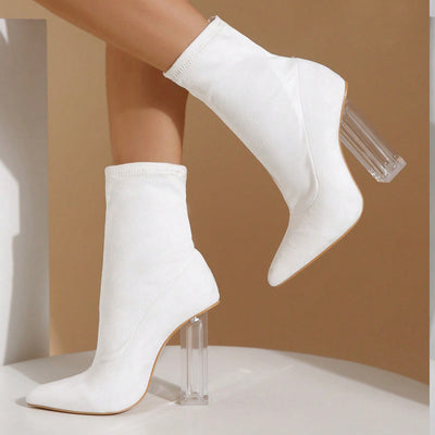 New Crystal Heel Boots white bent knee left side view