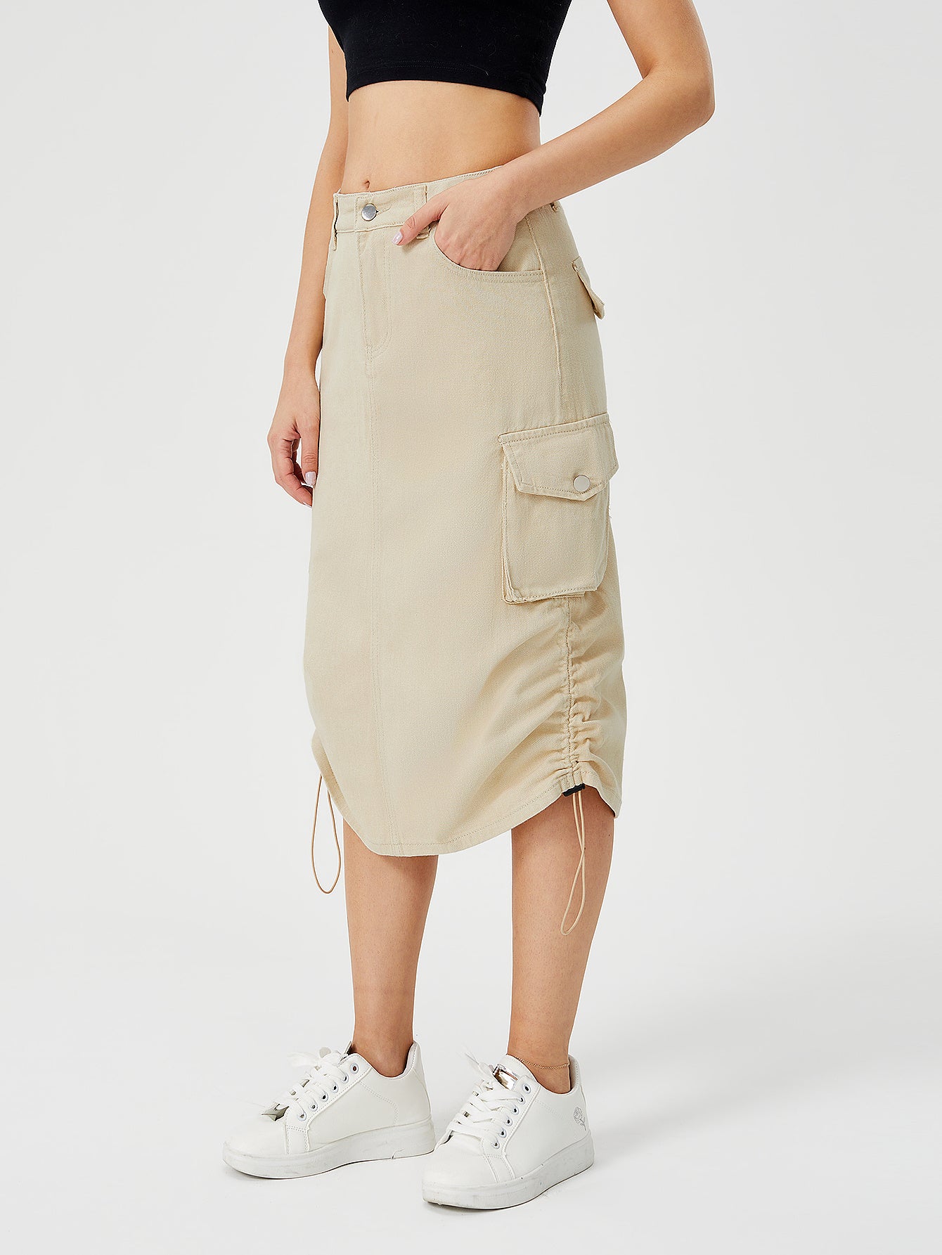 Stylish Ladies Long Cargo Skirt Pale Khaki left relaxed view