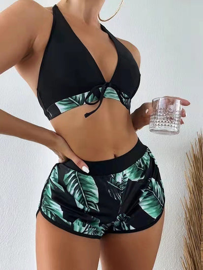 Three Piece Leaf Bikini Suit Green front view