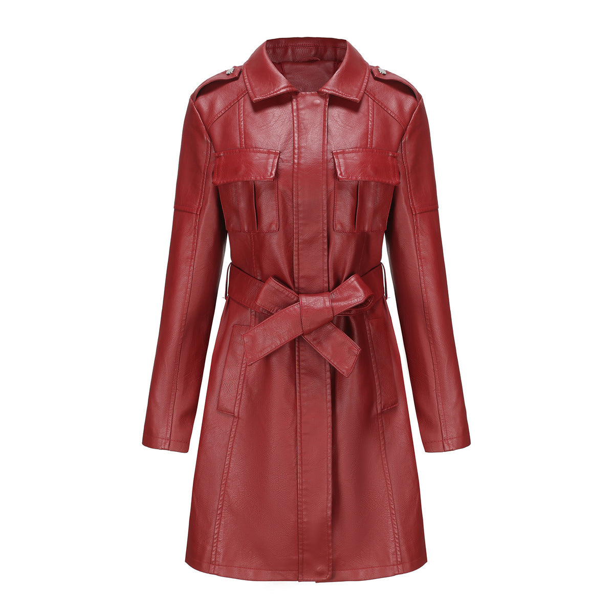 Super Chic Mid-Length Leather Coat With Belt