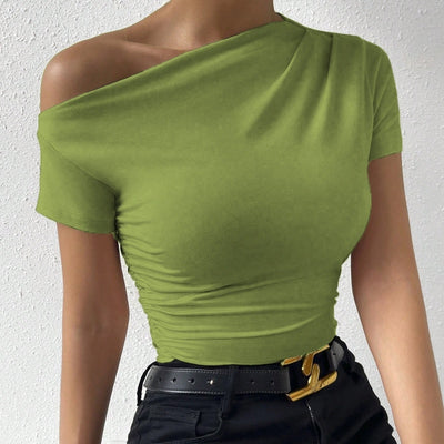 Cool Casual Slim-fit Pleated Single Shoulder Top Green