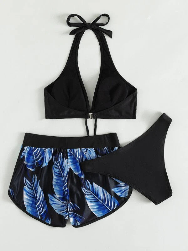 Three Piece Leaf Bikini Suit Dark Blue