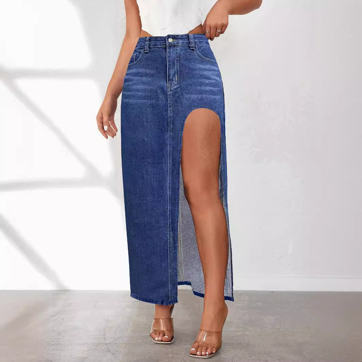 High Slit Long Denim Skirt Dark Blue front view