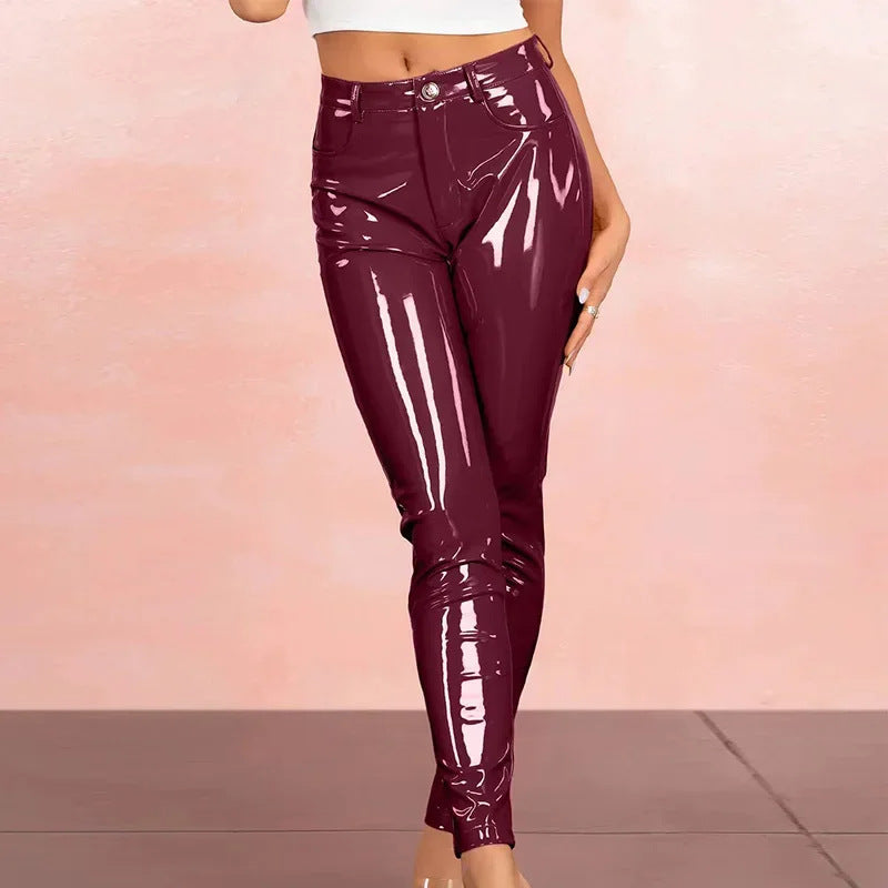 Glossy Sexy Slim Fit Leather Pants Purple