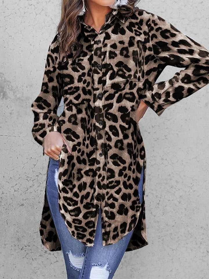 Gorgeous Leopard Print Split Shirt Khaki