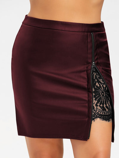 Short Leather & Lace Hip Skirt Wine Red front side view