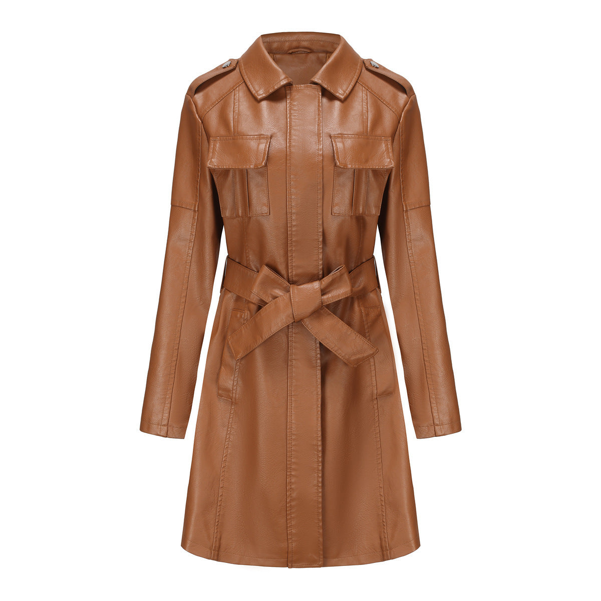 Super Chic Mid-Length Leather Coat With Belt