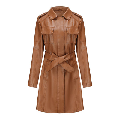 Super Chic Mid-Length Leather Coat With Belt