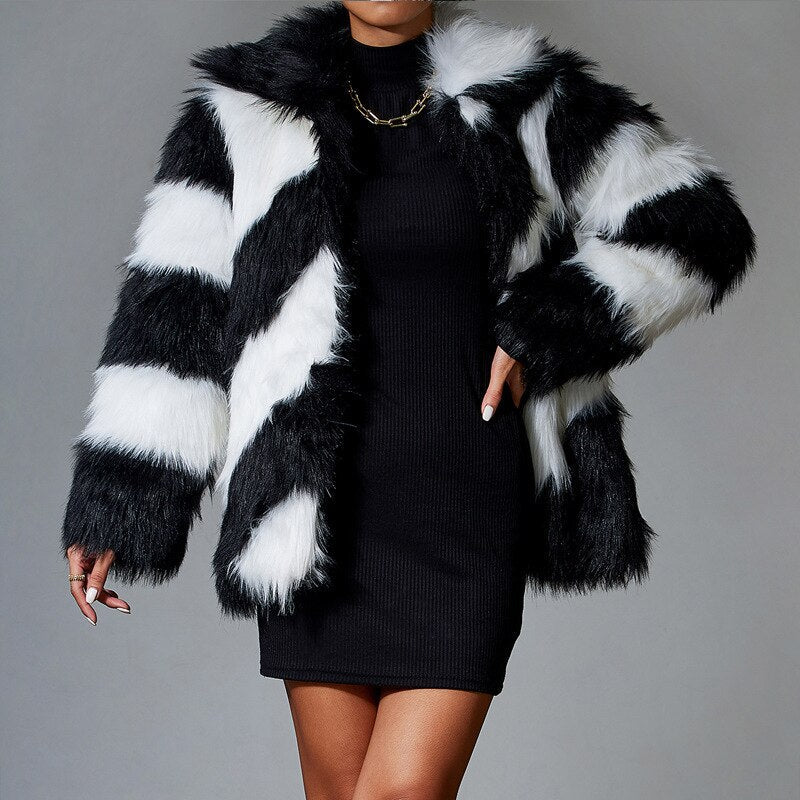 Black Faux Rabbit Luxury Fur Coat