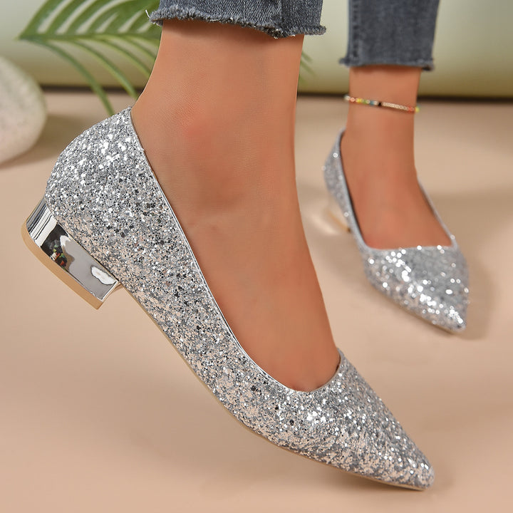 Crystal Sequins Low Heel Shoes Silver side view