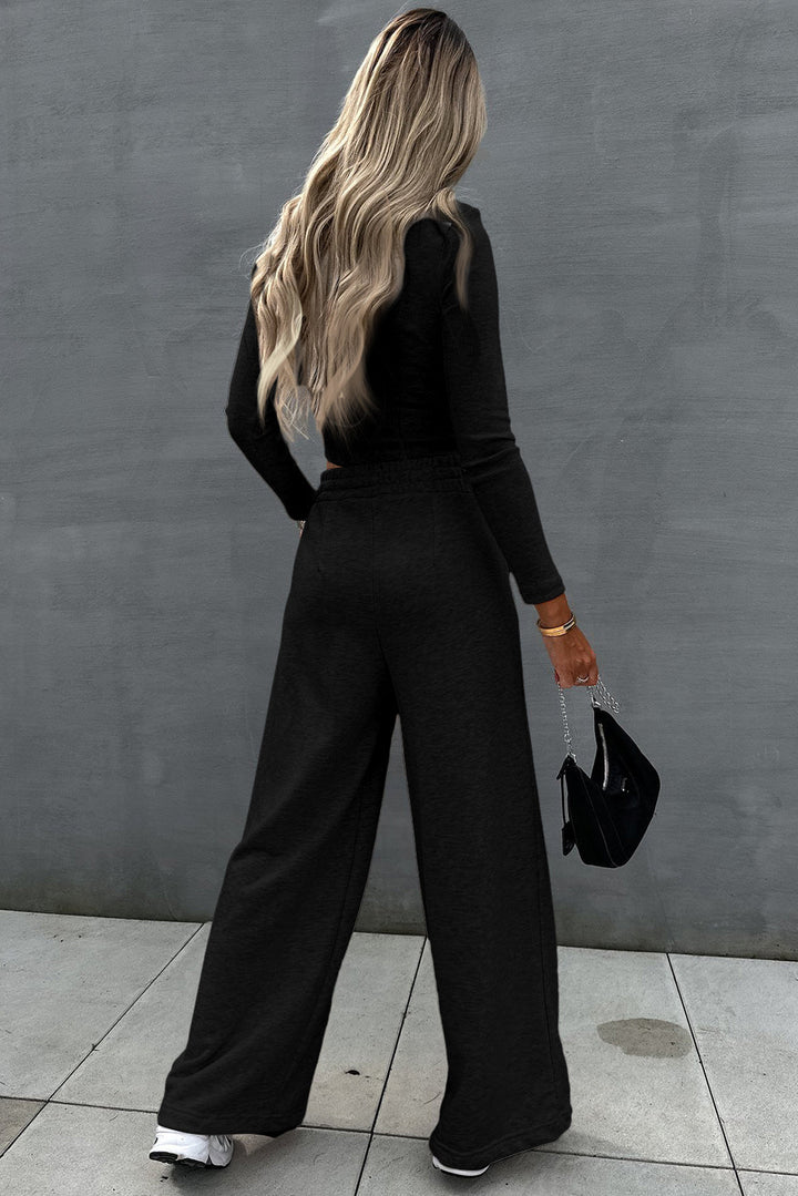 Black Two Piece Crop Top & Wide Leg Pants Set