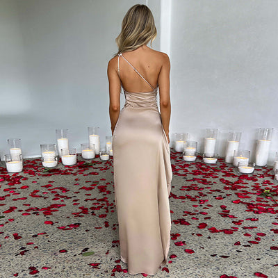 Stunning One Shoulder High Split Sexy Satin Dress