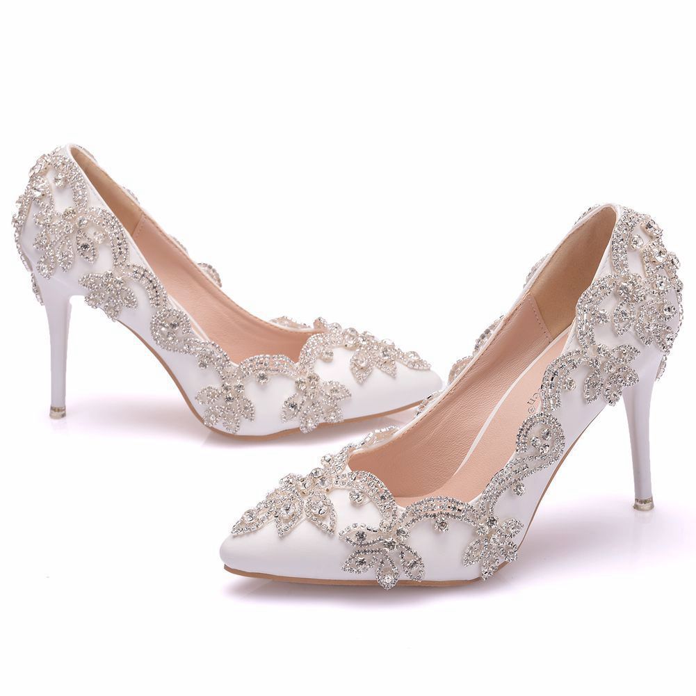 Glittering Rhinestone High Heel Shoes White Diamond side view