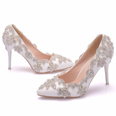 Glittering Rhinestone High Heel Shoes White Diamond side view