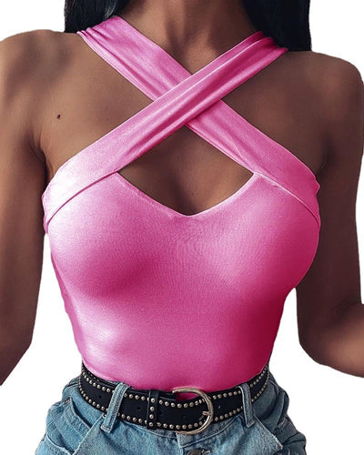 Off The Shoulder Cross Neck Top Pink