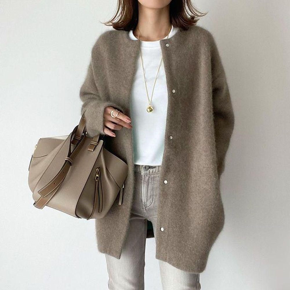 Elegant Knitted Cardigan Jacket Light Khaki front view