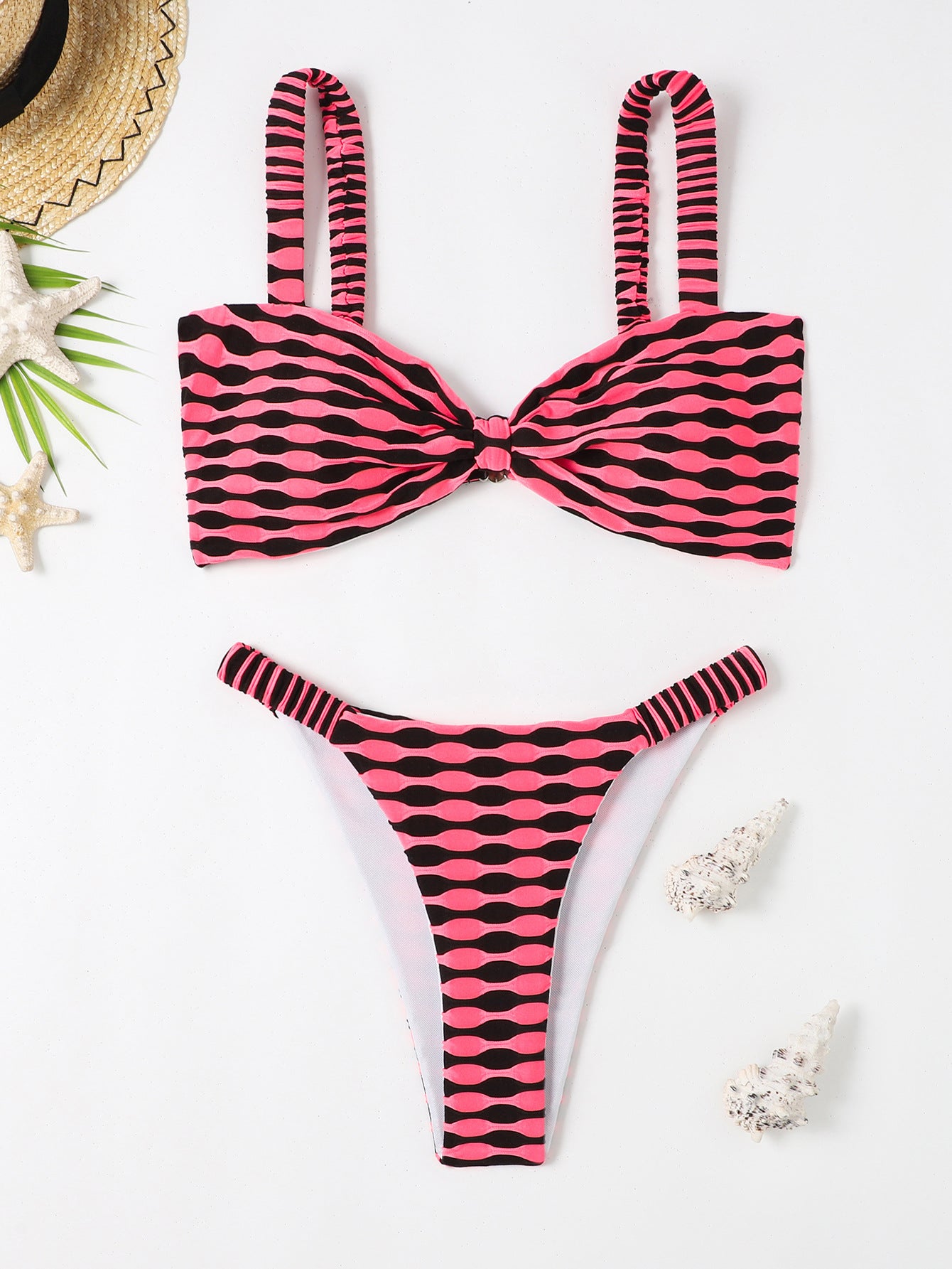 Dazzling Striped Bikini Swimsuit Rose Red 