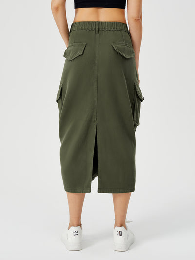 Stylish Ladies Long Cargo Skirt Army Green rear view