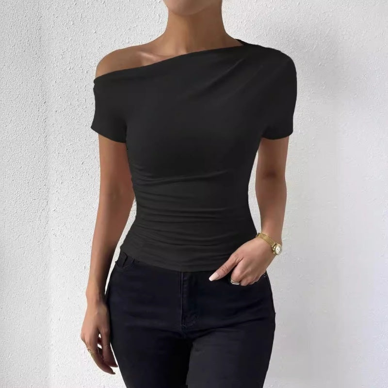 Cool Casual Slim-fit Pleated Single Shoulder Top Black