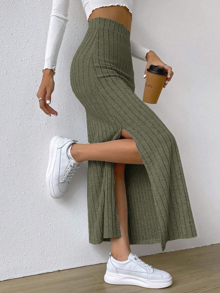 Ever Chic Long Knitted Skirt Army Green front side view