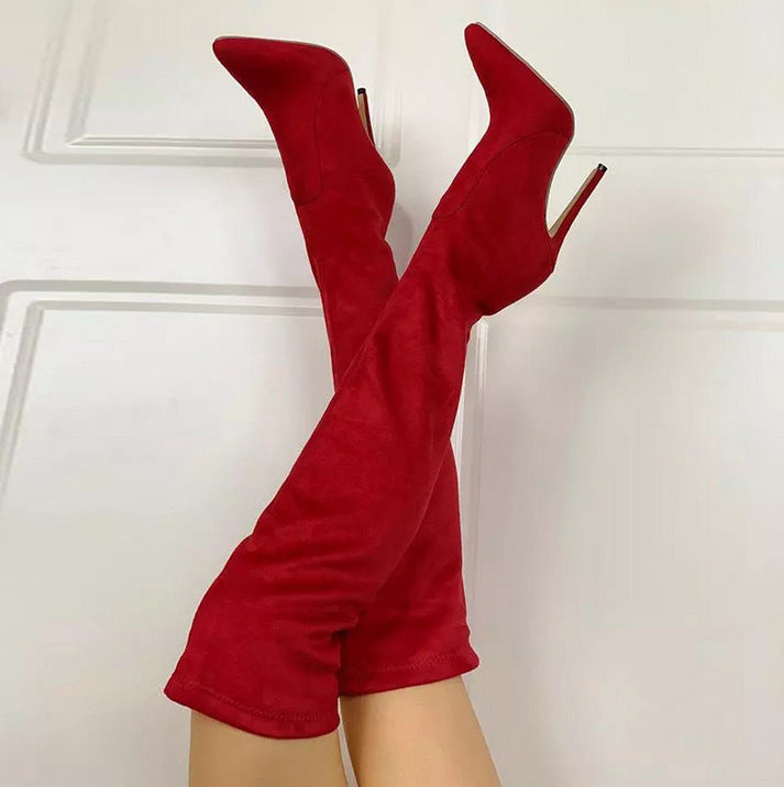 Velvet Stretch Stiletto Boots Red crossed leg view