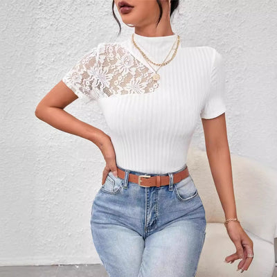 Beautiful Slim-fit Lace Patchwork Short-sleeved Top White