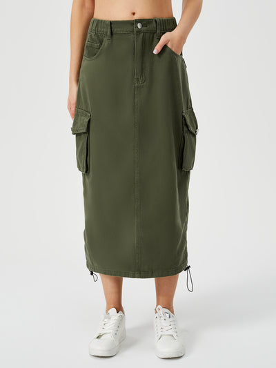 Stylish Ladies Long Cargo Skirt Army Green front relaxed view