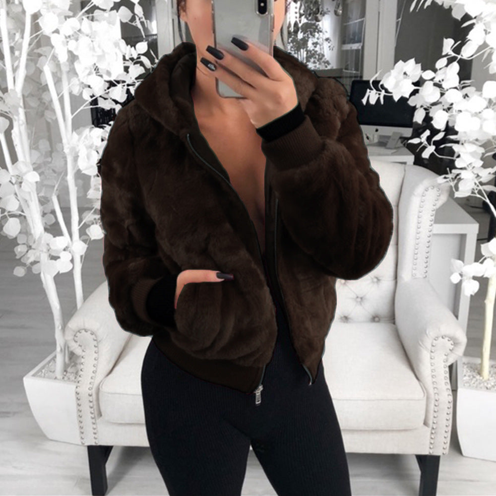 Stylish Short Fur Coat Dark Coffee front view