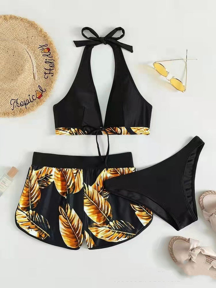 Three Piece Leaf Bikini Suit Gold