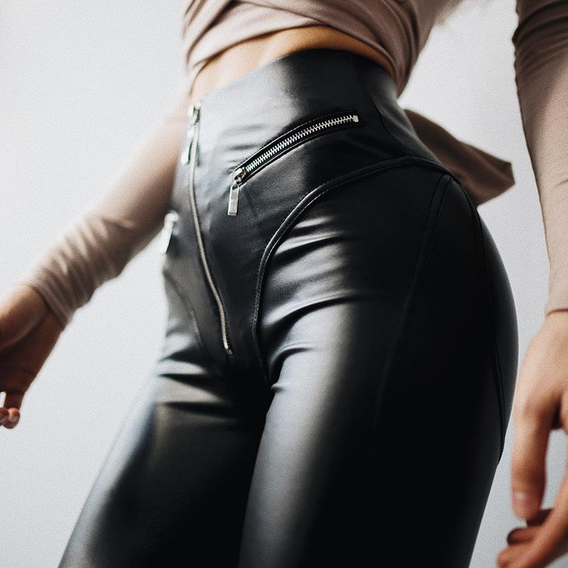 Raunchy High Waist Soft Leather Pants Black front zip