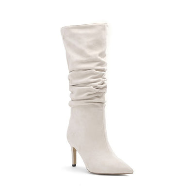 Sassy Creased Mid Knee White Suede side view