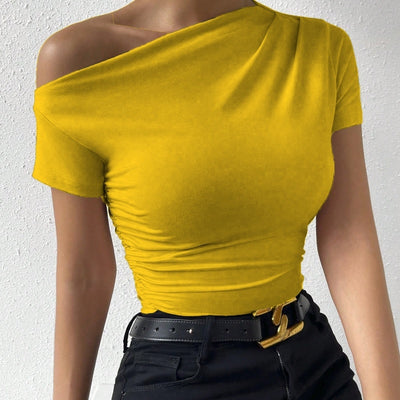 Cool Casual Slim-fit Pleated Single Shoulder Top Yellow