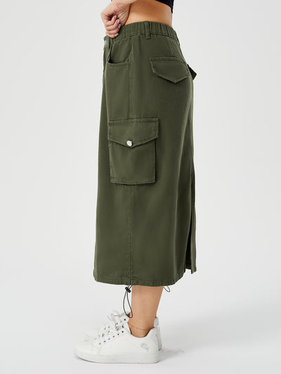 Stylish Ladies Long Cargo Skirt Army Green left side view