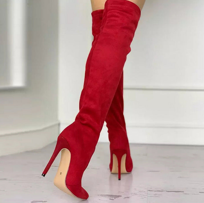 Velvet Stretch Stiletto Boots Red rear view