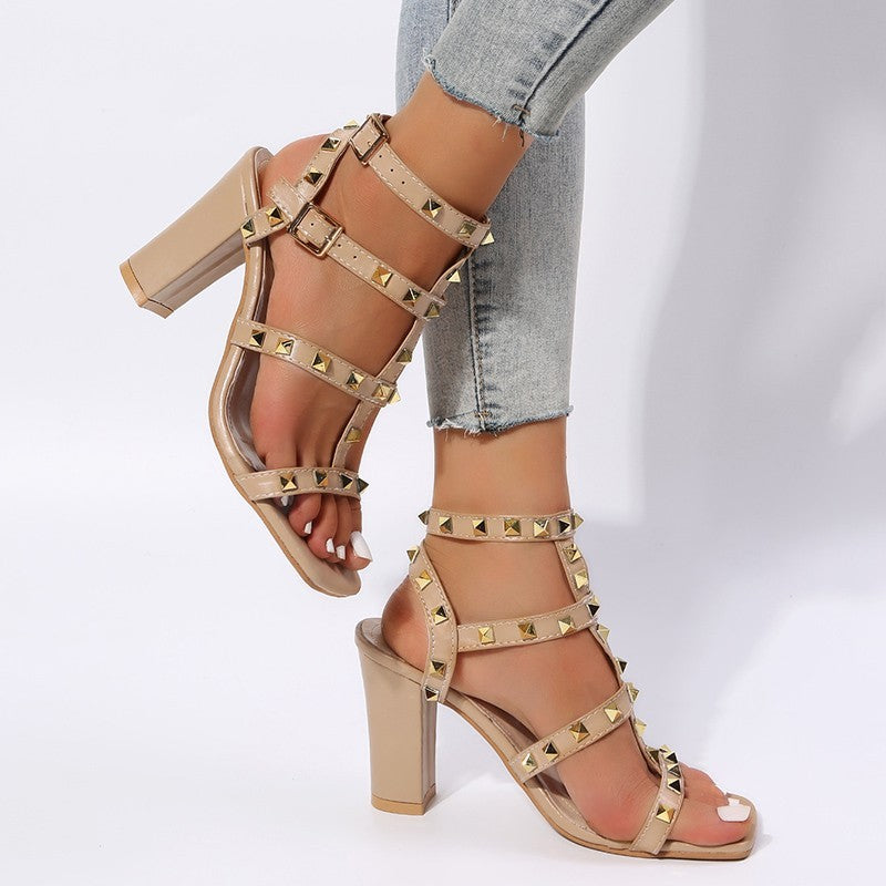 Buckle Strap Solid High Heel Shoes Apricot bent knee view