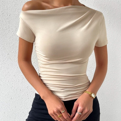 Cool Casual Slim-fit Pleated Single Shoulder Top Apricot